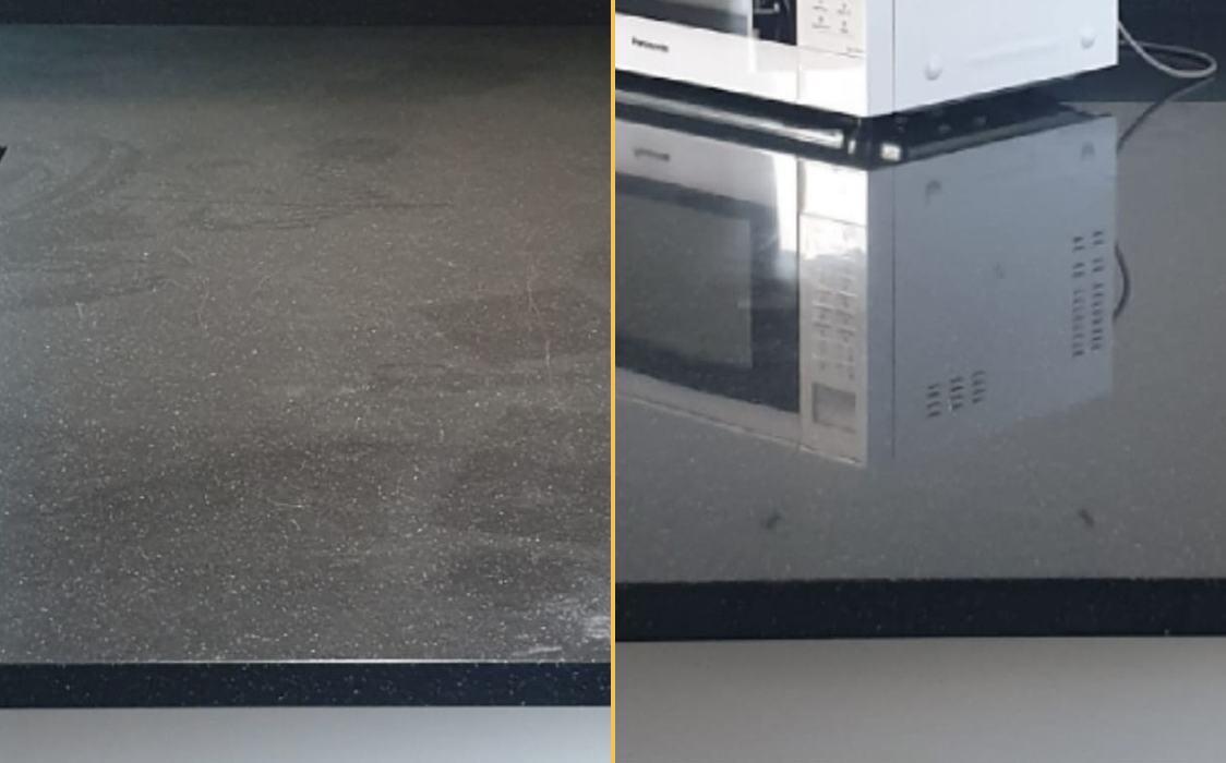 Gloss worktop restoration: before / after